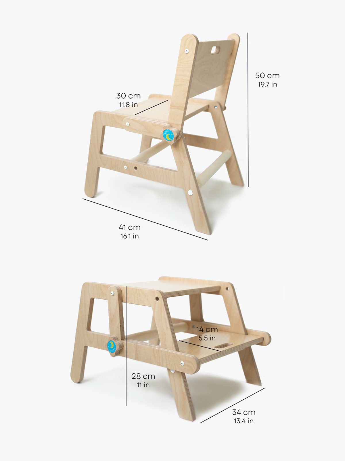 Houten Montessori stoel/krukje 2-in-1