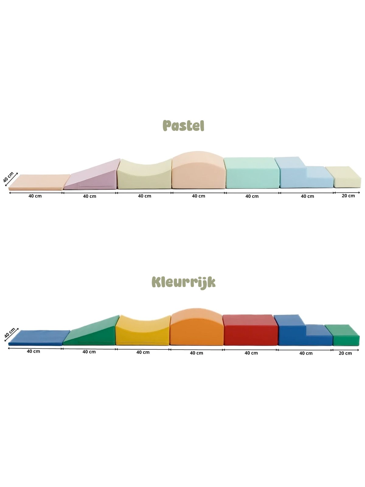 Speelblokkenset (Soft Play) foam blokken – Kleine Kruiper - kleurkeuze en afmetingen