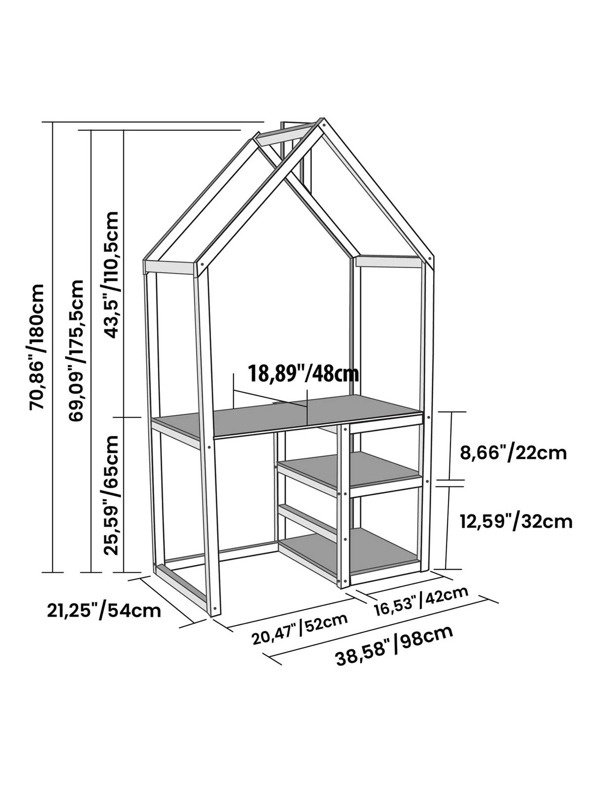 Houten Kinderbureau Huisvorm (Peuterbureau) - afmetingen